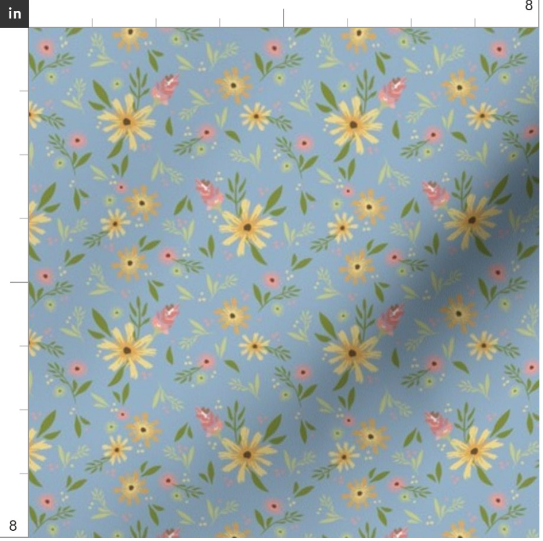 Floral Garden in Blue Cotton Poplin Fabric
