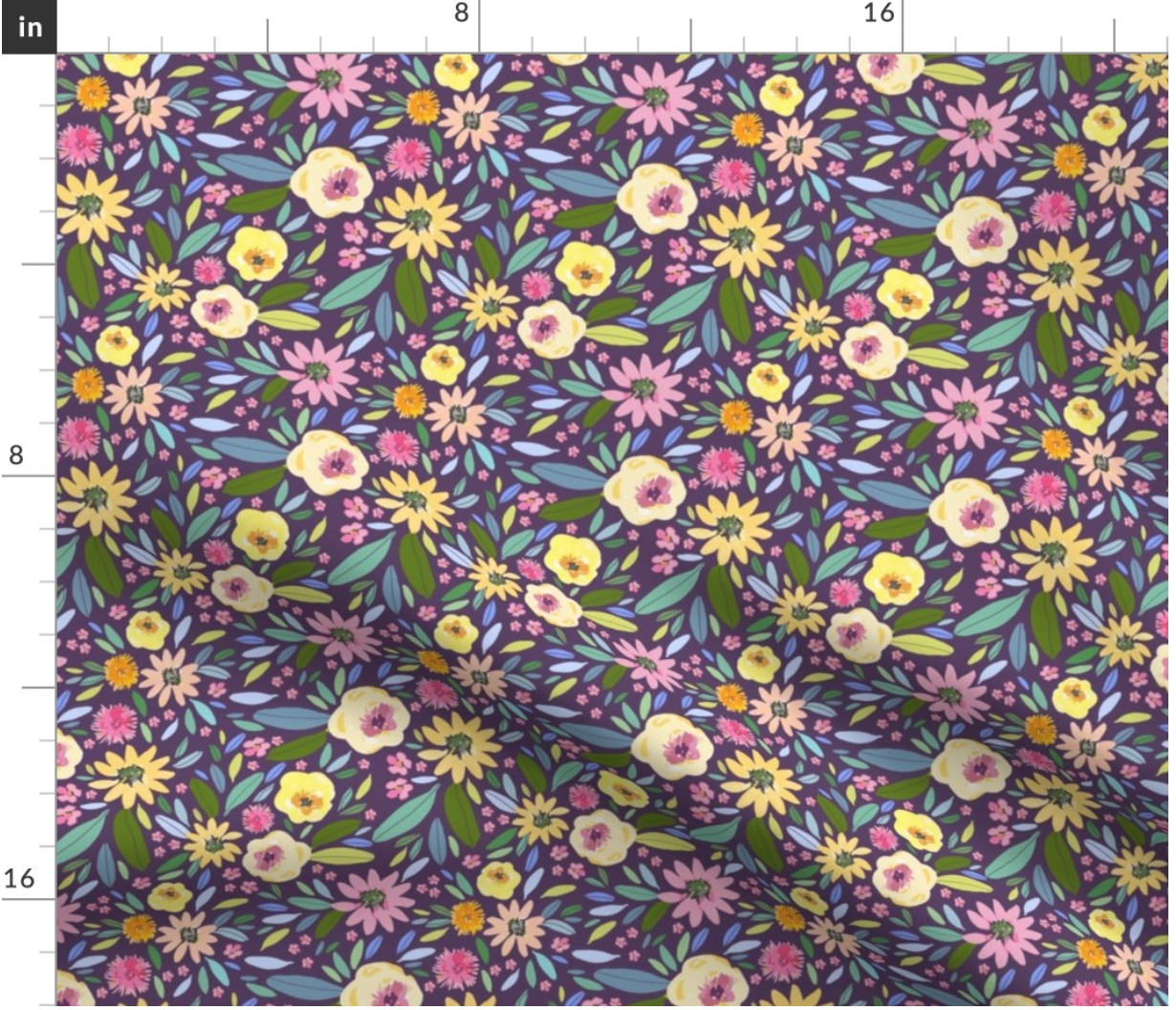 Purple Floral Garden Cotton Poplin Fabric