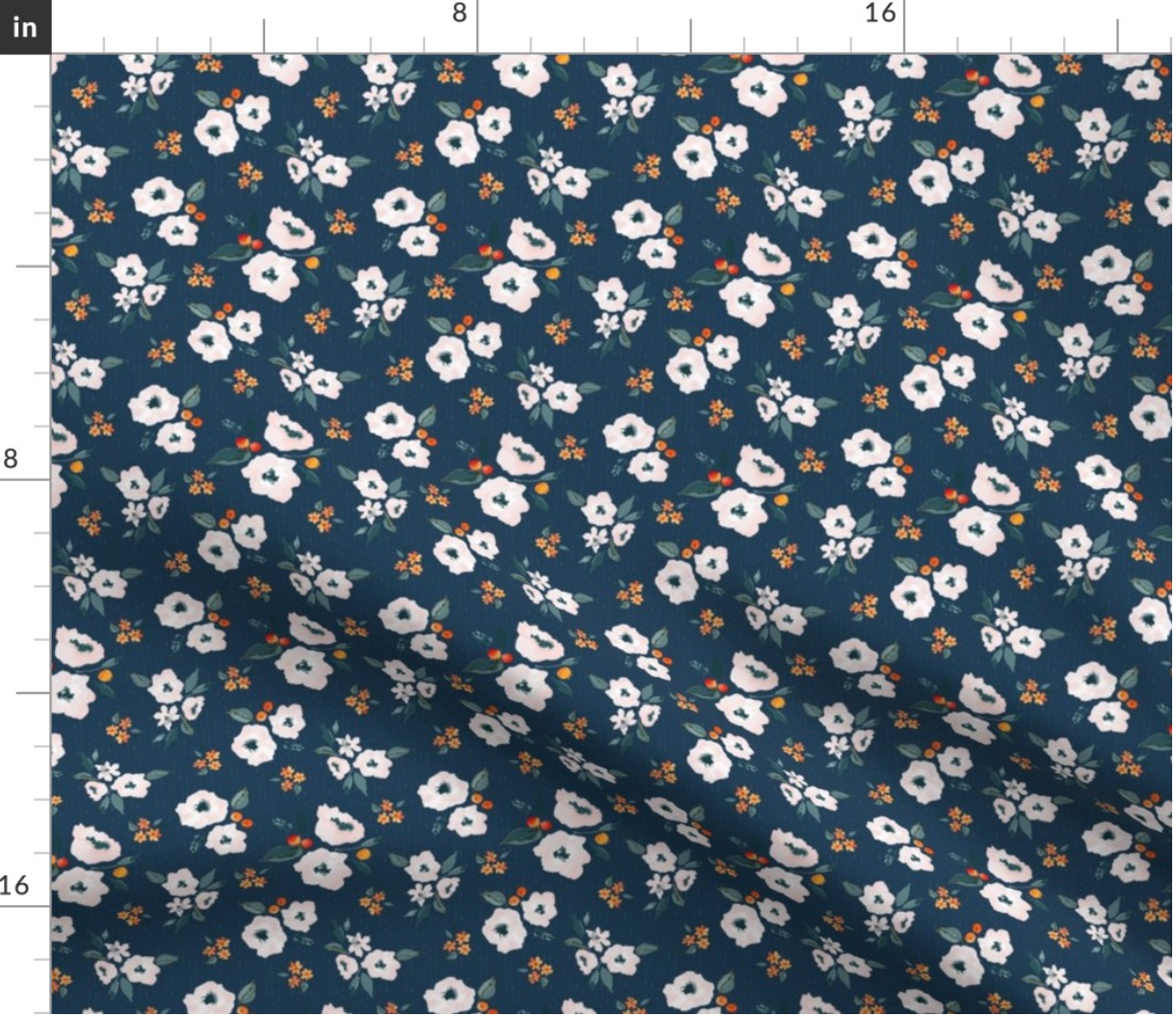 Navy Flowers and Berries Floral Cotton Poplin Fabric