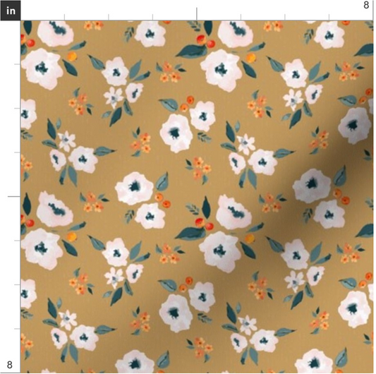 Mustard Yellow Flowers and Berries Floral Cotton Poplin Fabric
