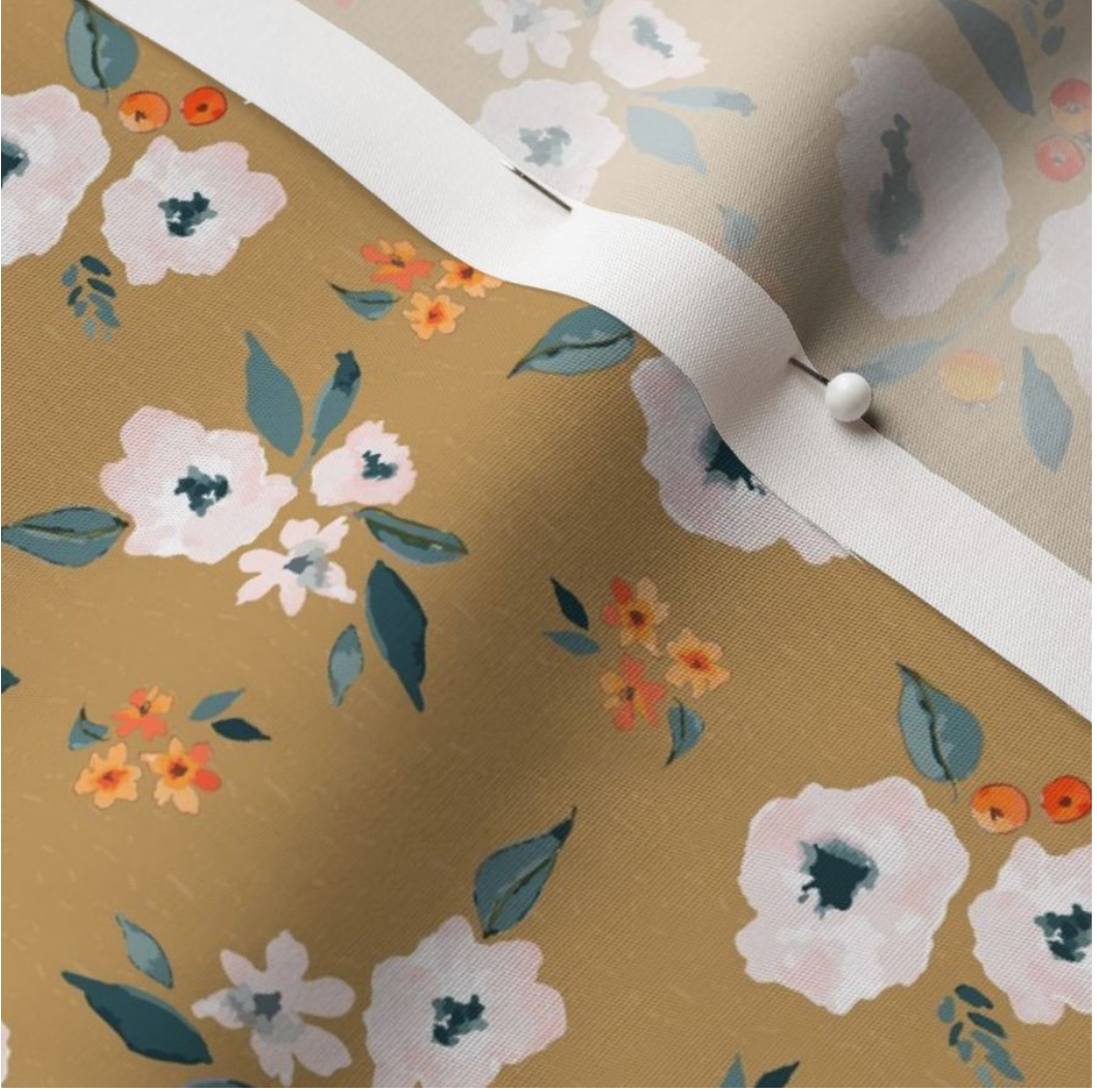 Mustard Yellow Flowers and Berries Floral Cotton Poplin Fabric