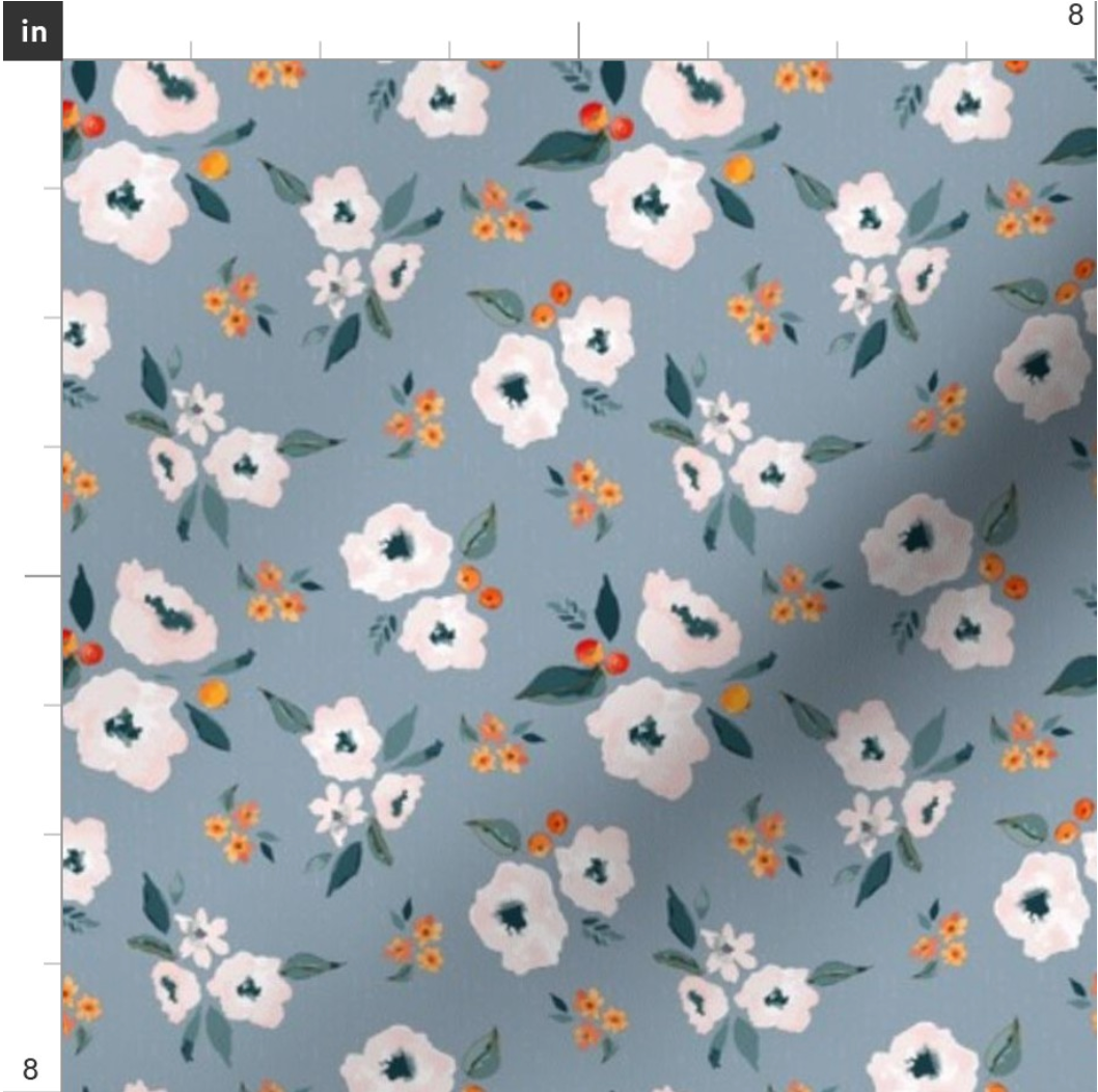 Blue Flowers and Berries Floral Cotton Poplin Fabric