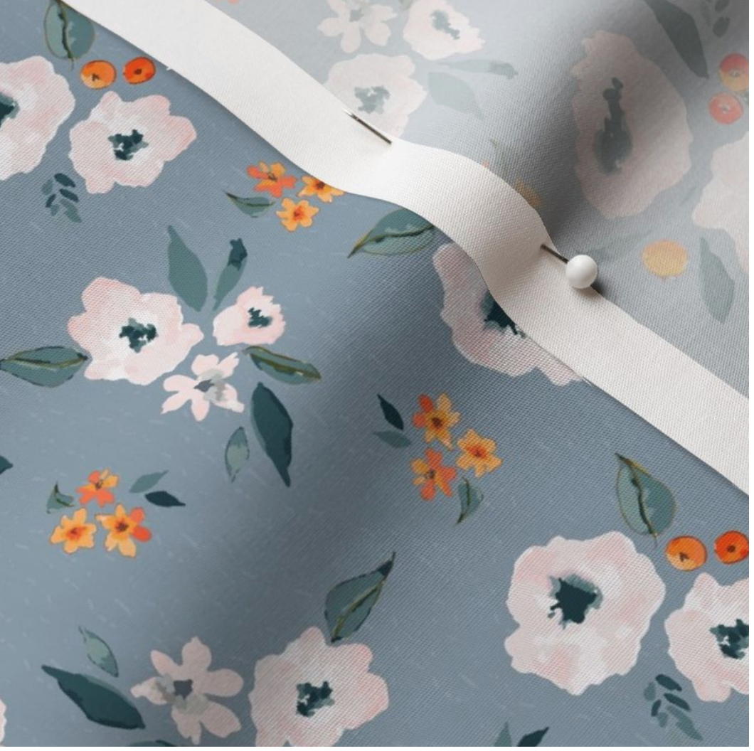 Blue Flowers and Berries Floral Cotton Poplin Fabric